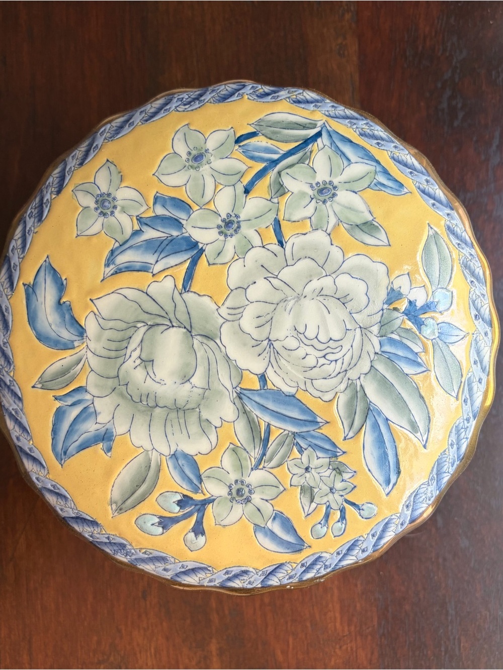 Vintage Yellow and Blue Floral Container